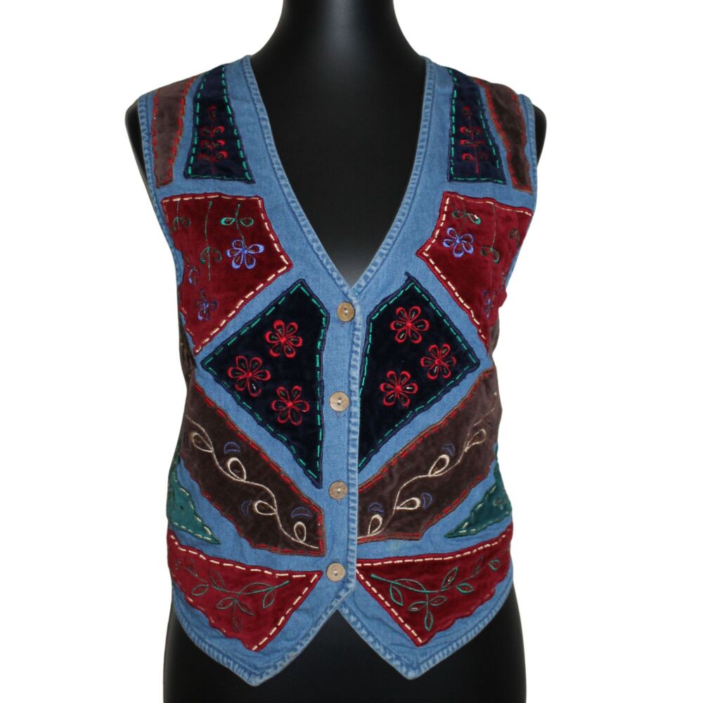 Vintage Tantrum Blues Patchwork Denim Vest 90s Boho Embroidered Tie Back Medium